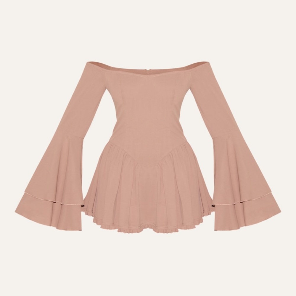 Off-Shoulder Flare Sleeve Dress in Blush